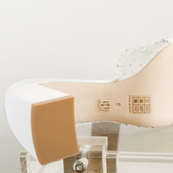 Badgley Mischka Camelia White Satin Block Heel Sandals Wedding 8 New Formal - Picture 14 of 14